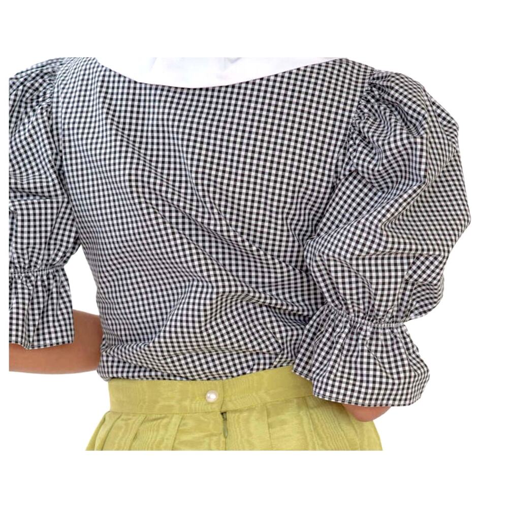 Batsheva Lou Blouse Size 10 Black /White Check Taffeta 3/4 Puffed Sleeves - Picture 2 of 13